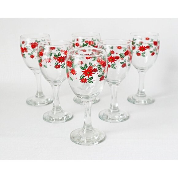 6 Vintage Christmas Wine Glasses Poinsettias Coctail Glass Barware - Picture 1 of 5